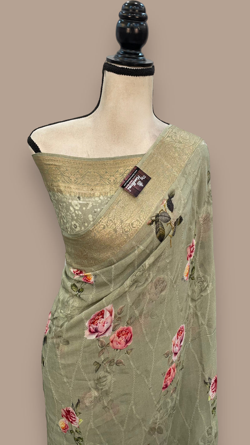 Pure Georgette Digital Print with Chikankari Handloom Banarasi Saree - The Handlooms