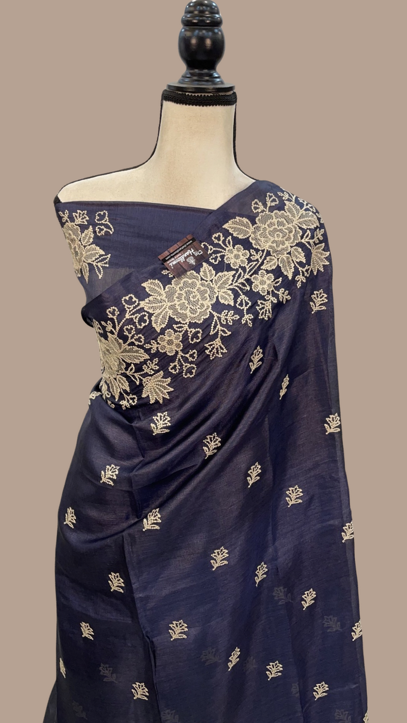 Tussar Silk Handloom Banarasi Saree With Chikankari - The Handlooms