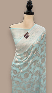 Aqua Blue Khaddi Georgette Banarasi Saree with all silver zari jaal work - The Handlooms