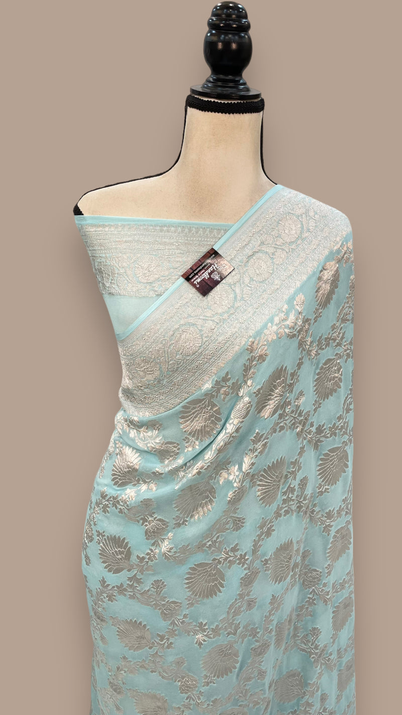 Aqua Blue Khaddi Georgette Banarasi Saree with all silver zari jaal work - The Handlooms