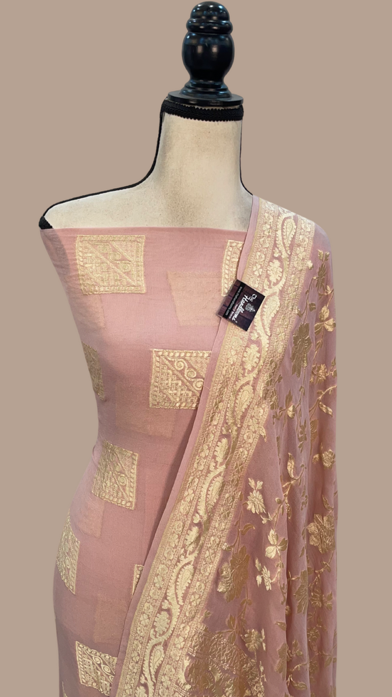 Onion Pink Pure Khaddi Georgette Handlooms Banarasi Dress material - The Handlooms