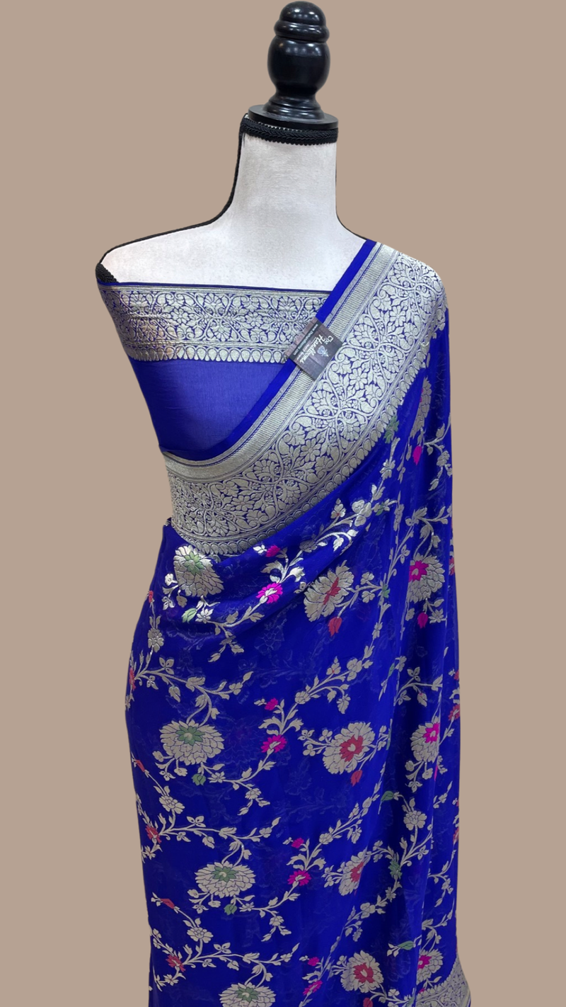 Navy Blue Khaddi Georgette Handloom Banarasi Saree - All over Jaal Work with meenakari - The Handlooms