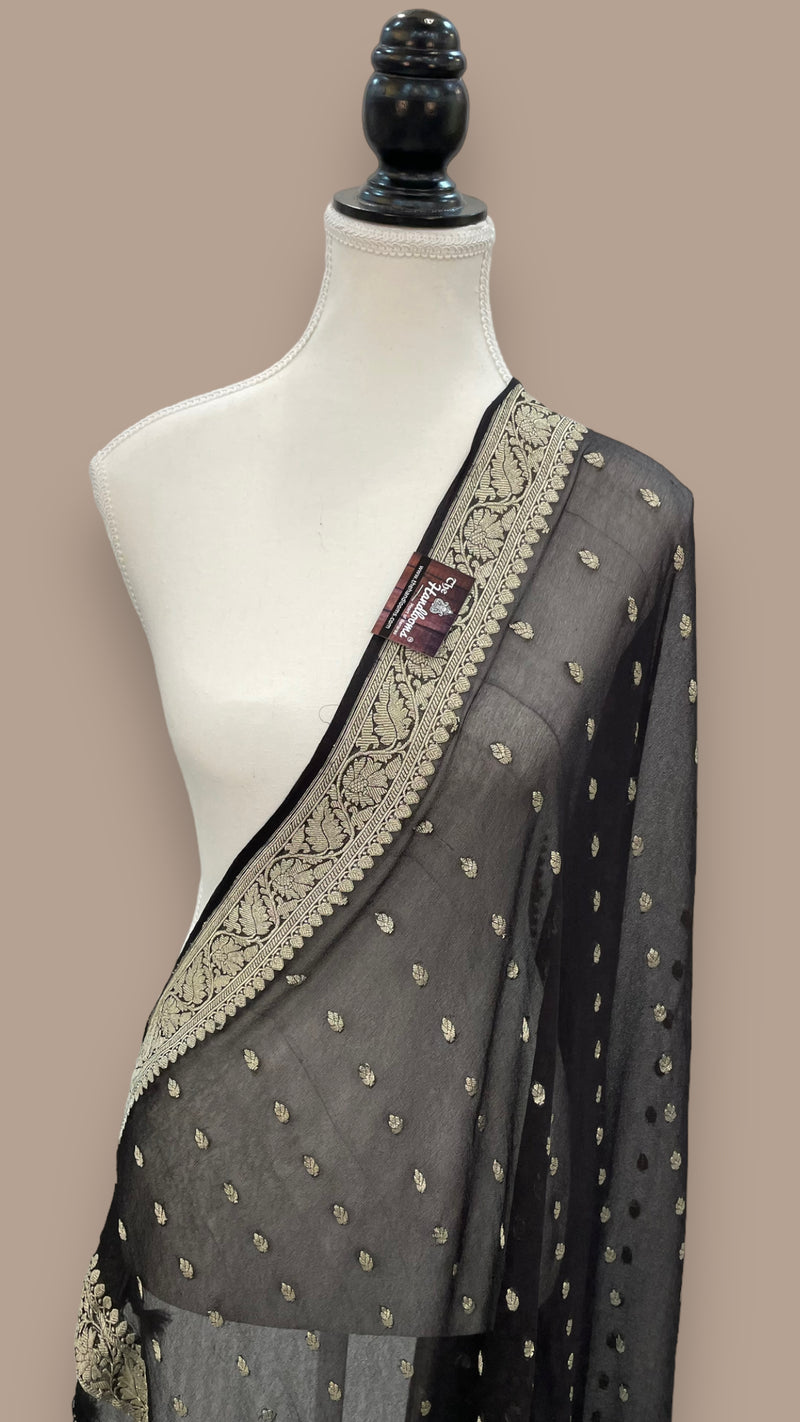Pure Georgette Dupatta - Black silver zari - The Handlooms