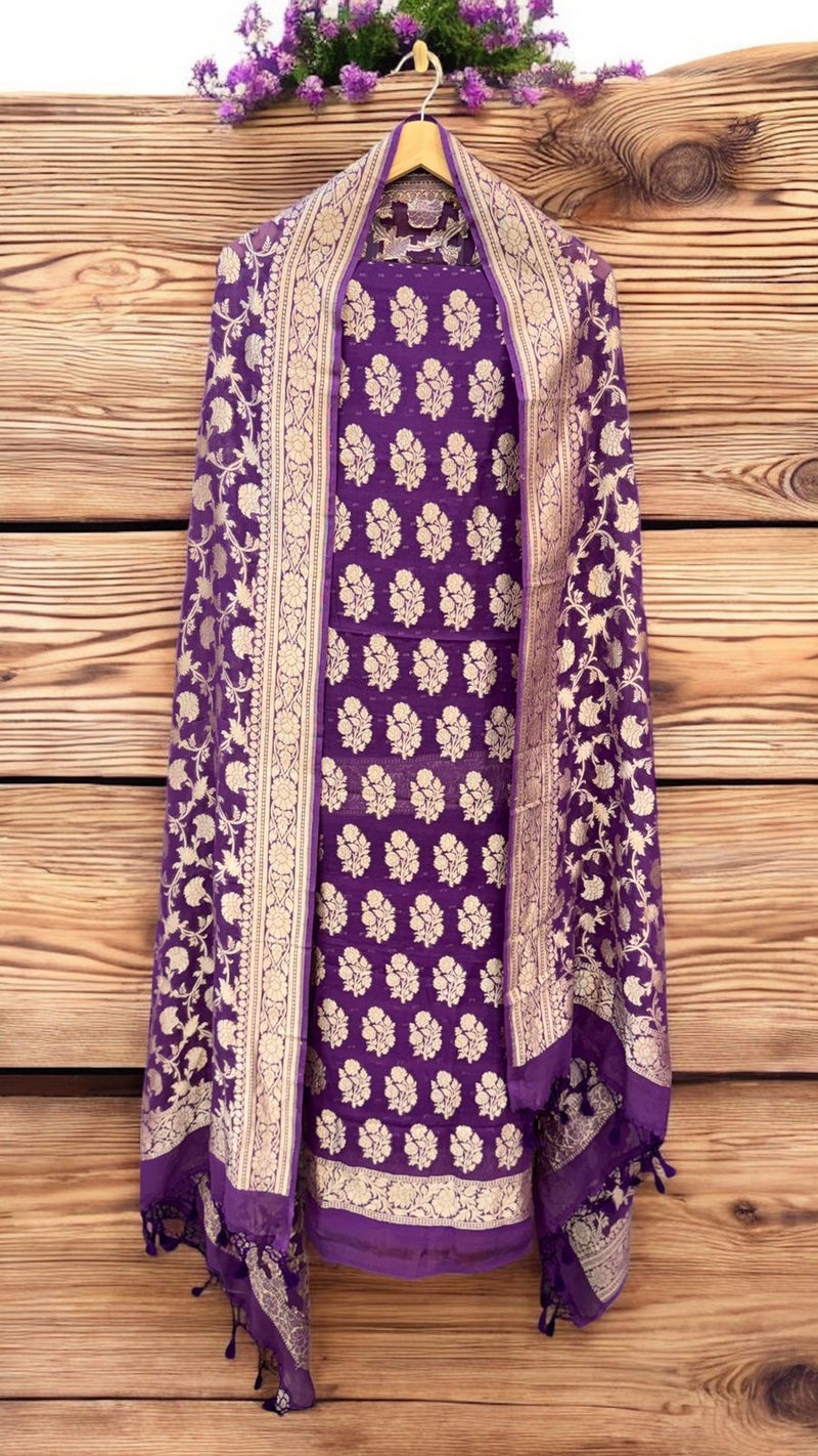 Purple Pure Khaddi Georgette 3 Pc Suit Set - The Handlooms