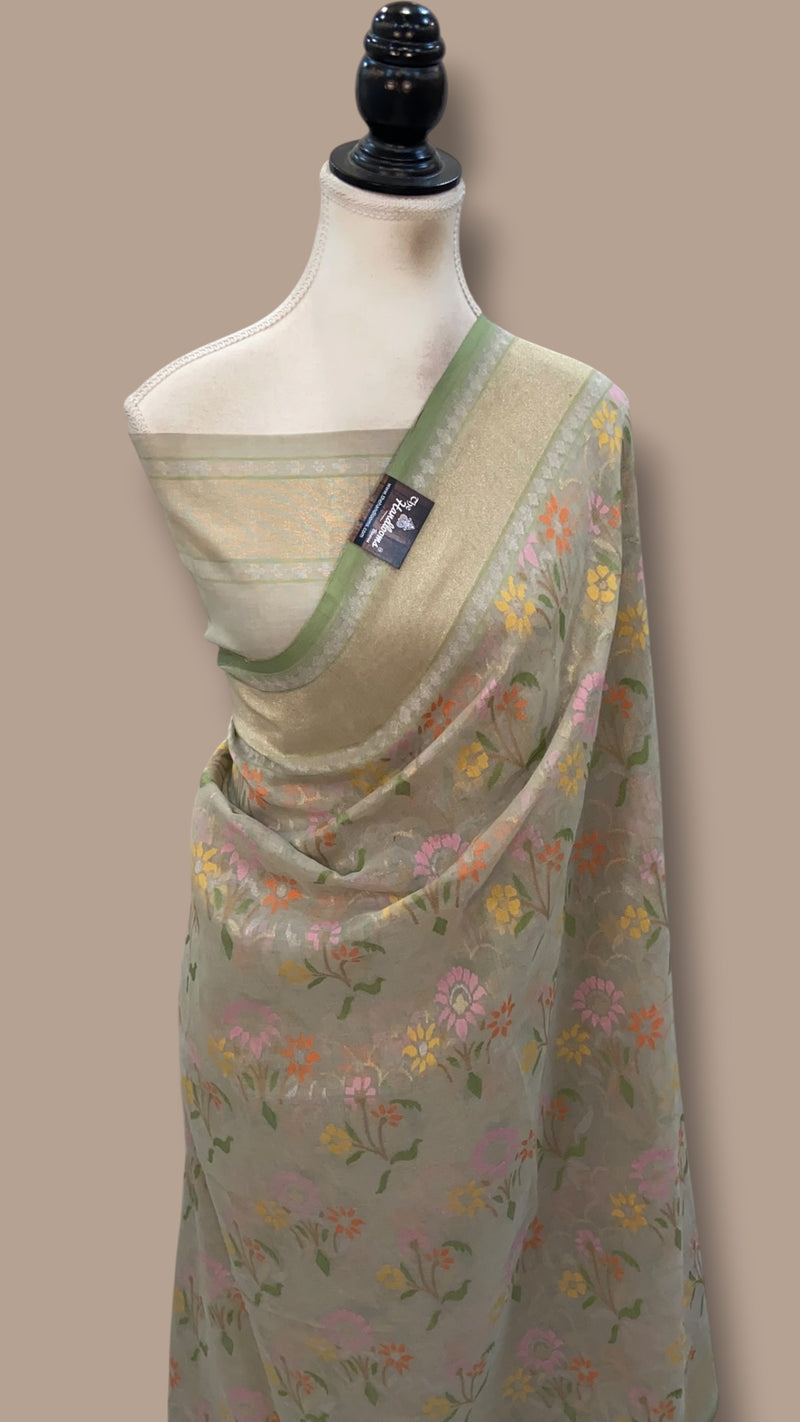 Real Zari Pure Cotton Jamdani Silk Banarasi Handloom Saree - All Over Kadiyal Jaal Work