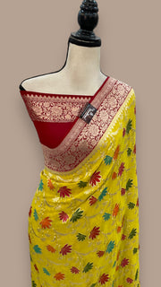 Yellow Khaddi Georgette Handloom Banarasi Saree - All over Jaal Work With Meenakari - The Handlooms
