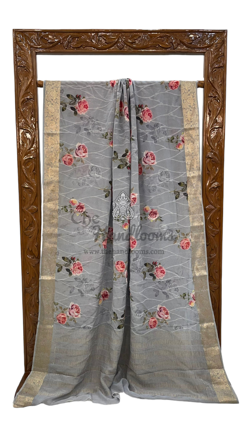 Pure Georgette  Digital Print with Chikankari Handloom Banarasi Saree - The Handlooms