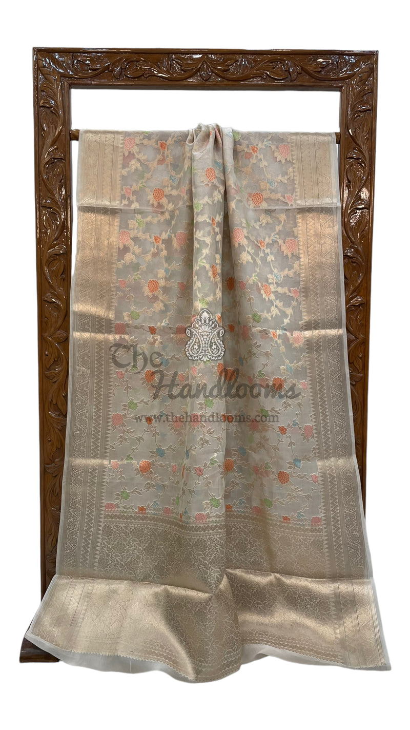 Off-white Pure Kora Handloom Banarasi Saree - The Handlooms