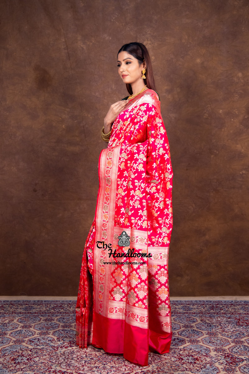 Hot Pink Pure Katan Silk Banarasi Handloom Saree - All over Jaal work with Meenakari - The Handlooms