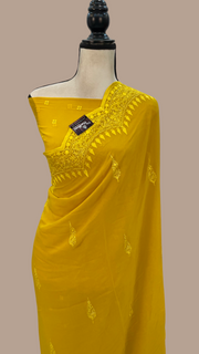 Pure Georgette Chikankari Handloom Banarasi Saree - The Handlooms