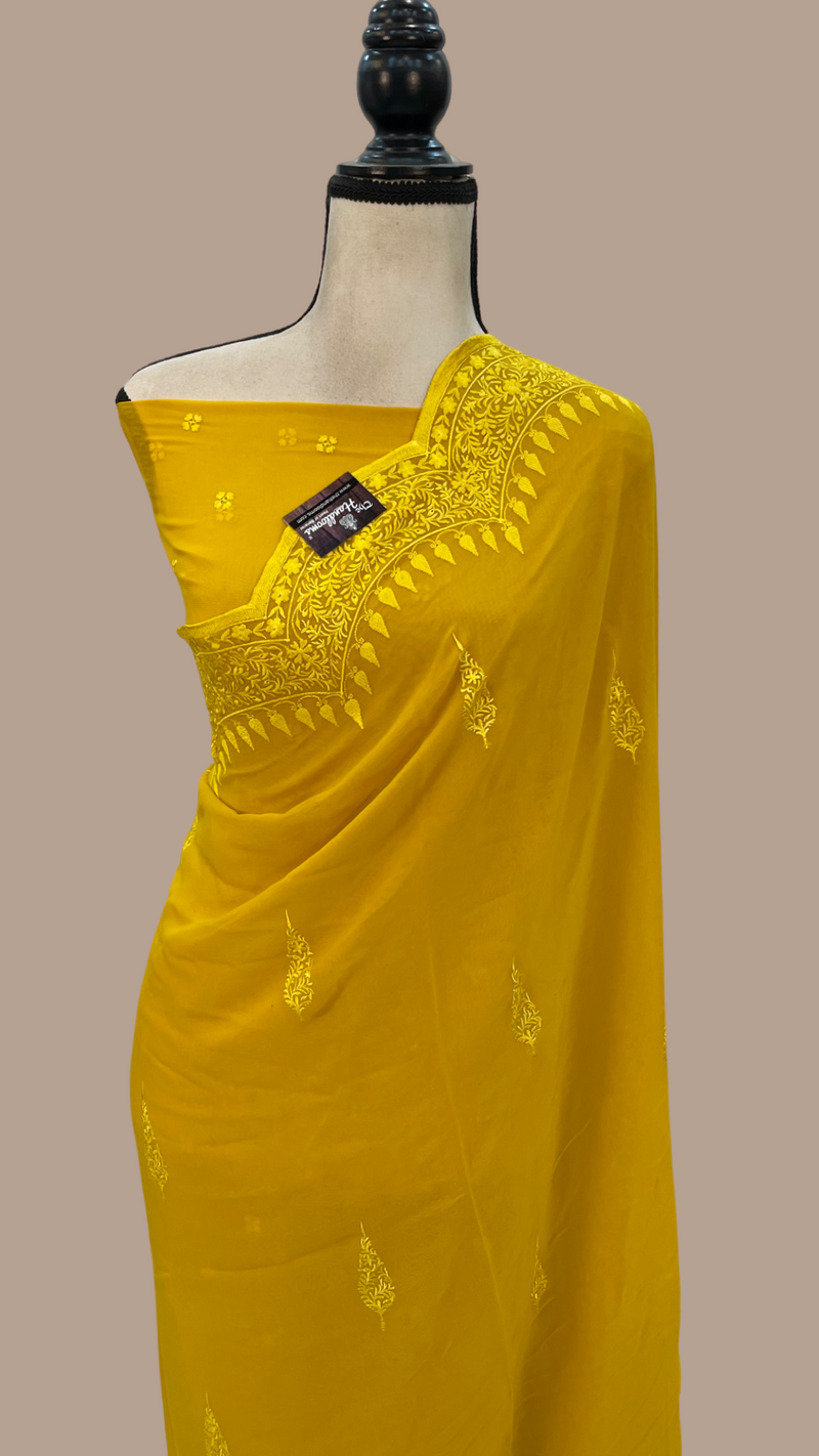 Pure Georgette Chikankari Handloom Banarasi Saree - The Handlooms