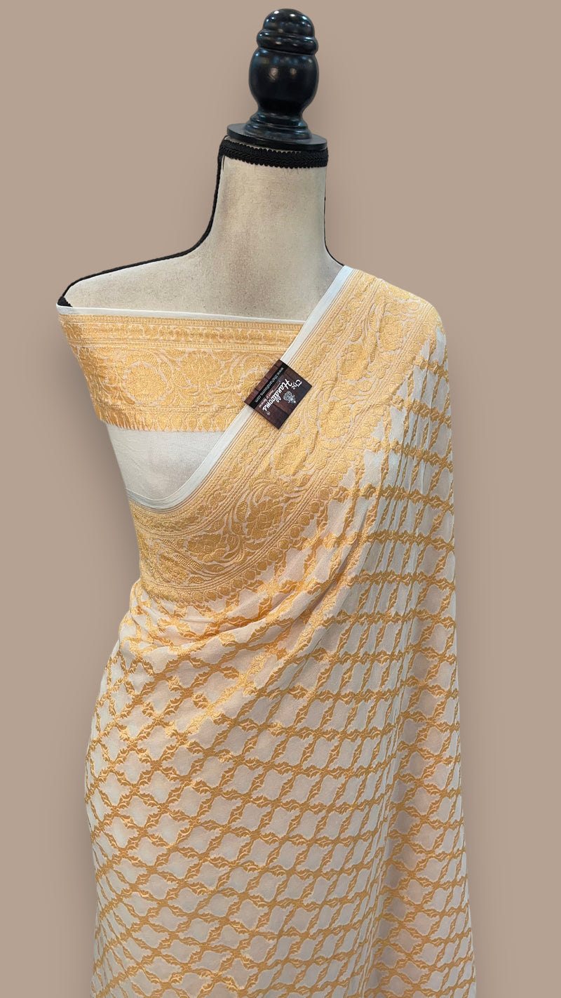 White Pure Khaddi Georgette Banarasi Saree -  Gold zari - The Handlooms