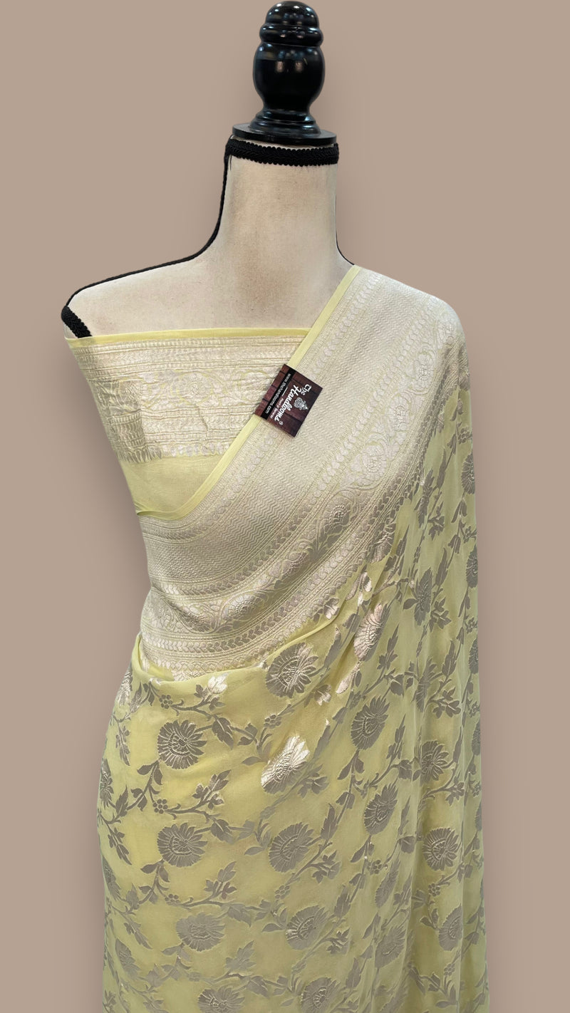 Khaddi Georgette Banarasi Saree with all silver zari jaal work - The Handlooms