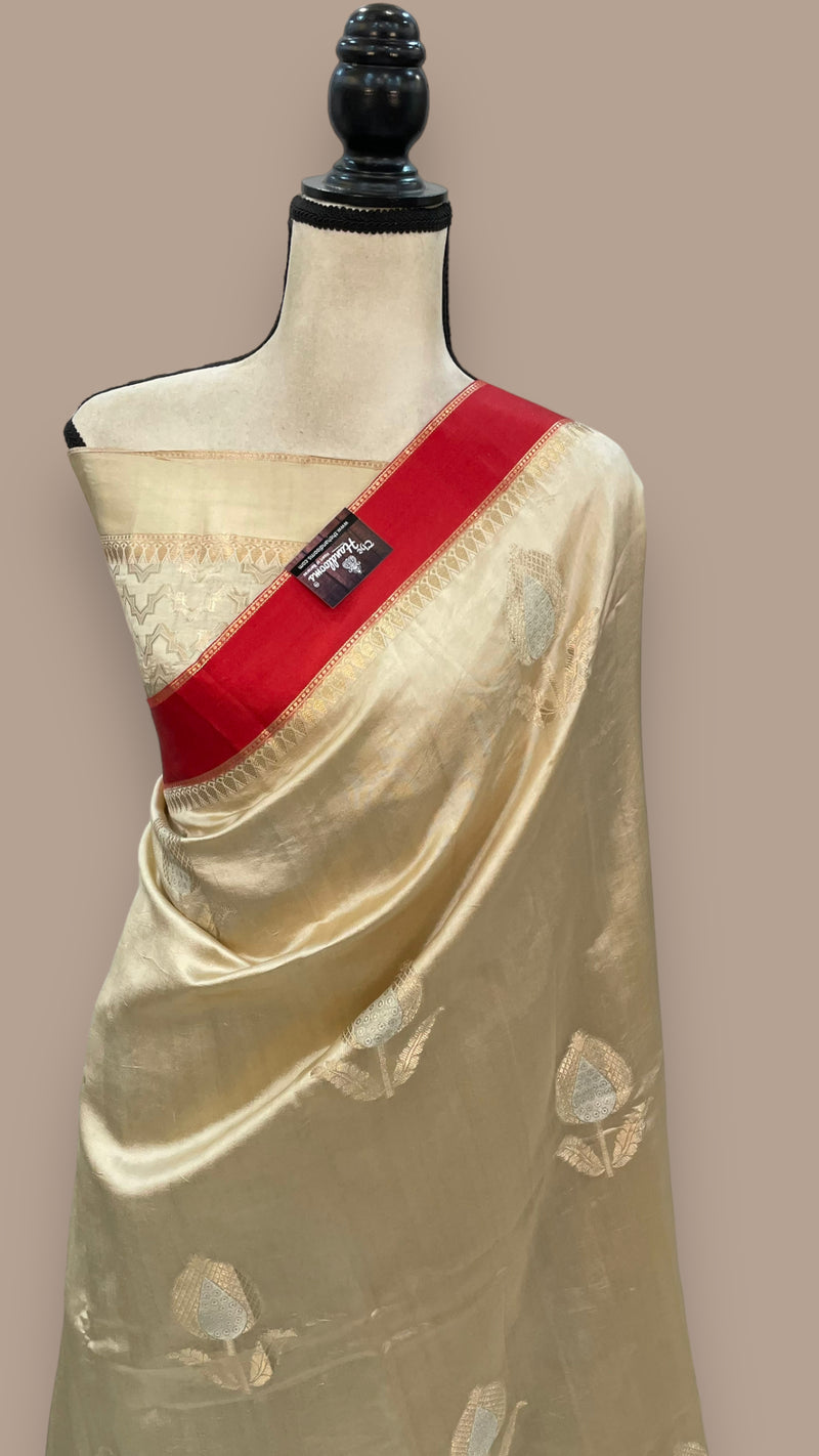 Cream Pure Mango Silk Banarasi Handloom Saree - The Handlooms