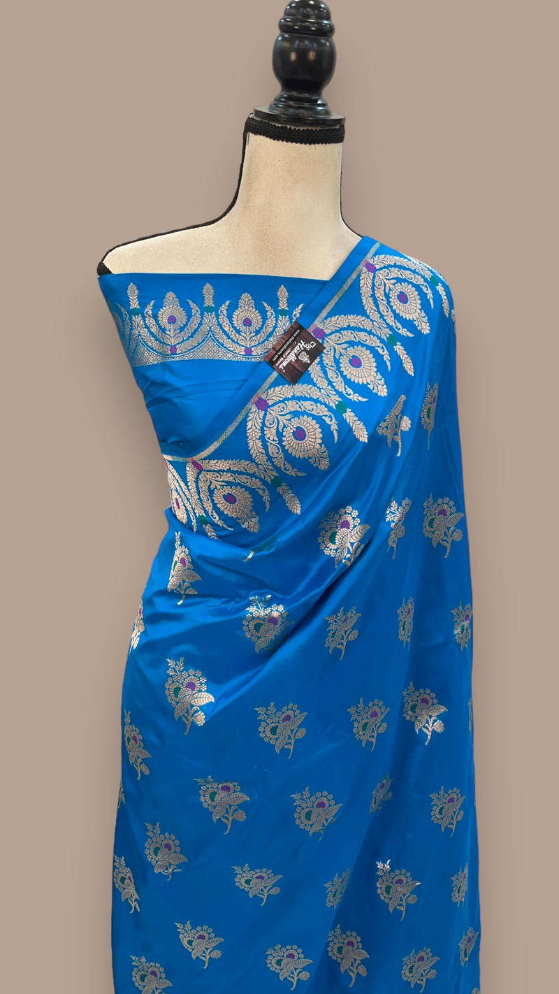 Turquoise Blue Pure Katan Silk Banarasi Handloom Saree - All over Jaal work - With Meenakari - The Handlooms
