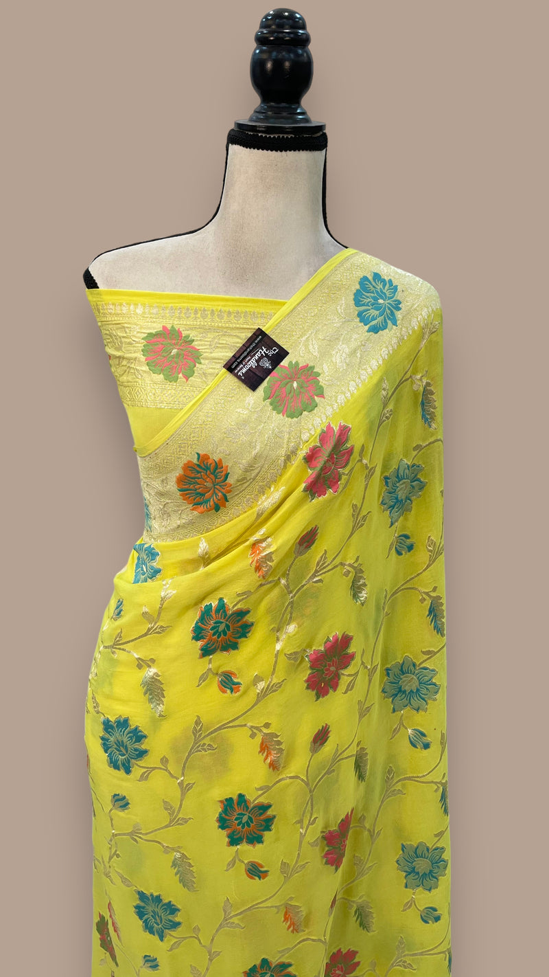 Khaddi Georgette Handloom Banarasi Saree - All over Jaal Work With Meenakari - The Handlooms