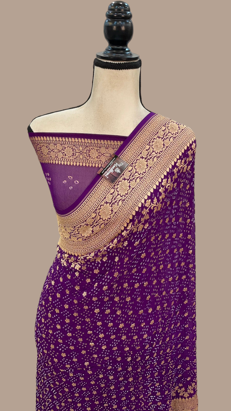 Purple Pure Georgette Banarasi Bandhej Handloom Saree - The Handlooms