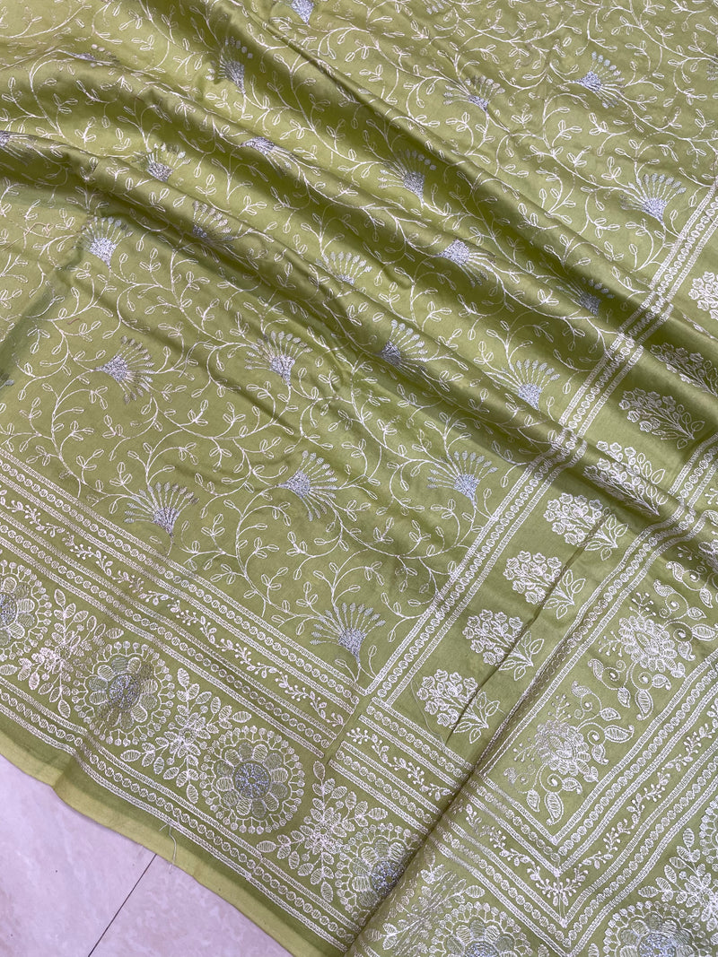 Pure Chiniya Silk Handloom Banarasi Saree With Chikankari - The Handlooms