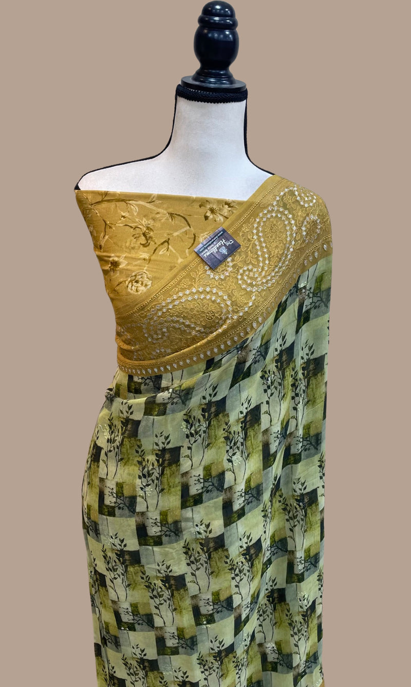 Pure Georgette  Digital Print with Chikankari Handloom Banarasi Saree - The Handlooms