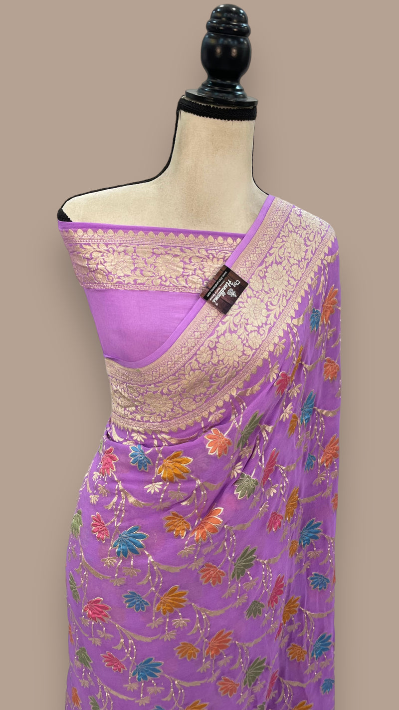 Lavende Pure Khaddi Georgette Handloom Banarasi Saree - All over Jaal Work With Meenakari - The Handlooms