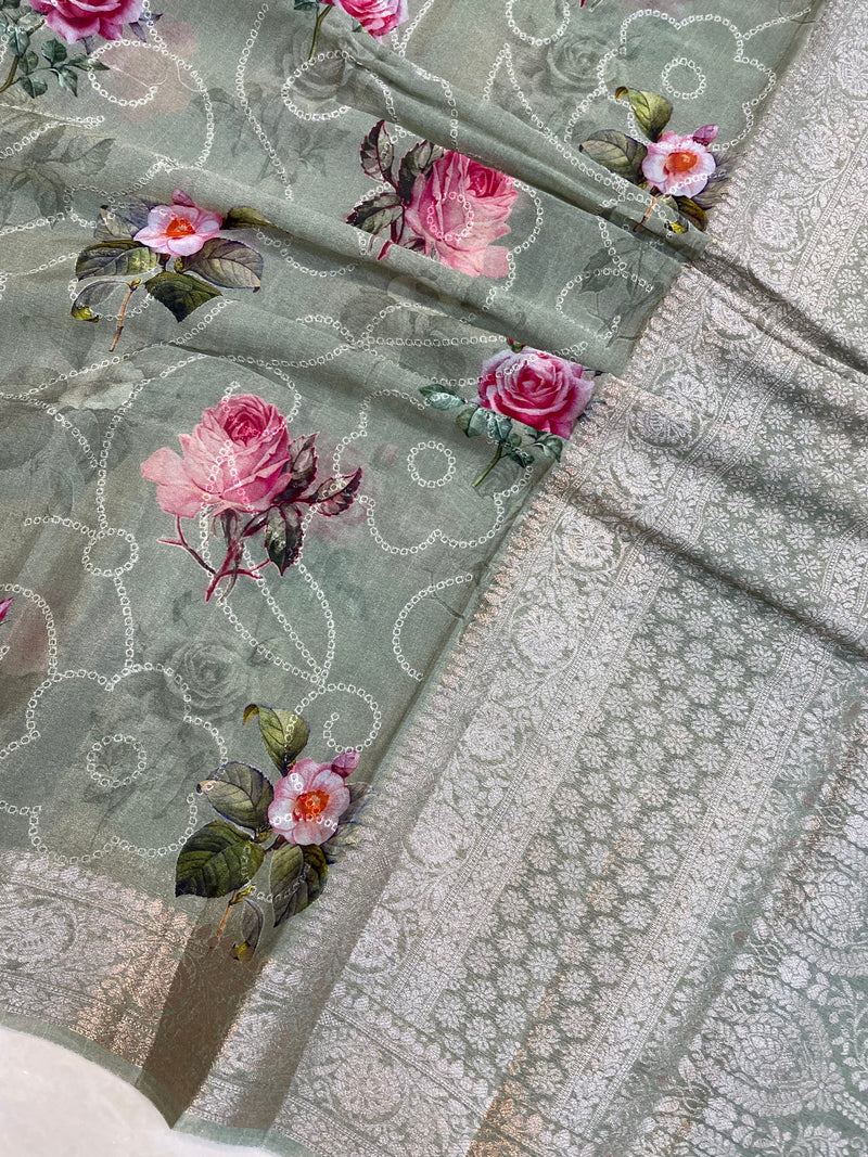 Pure Georgette  Digital Print with Chikankari Handloom Banarasi Saree - The Handlooms