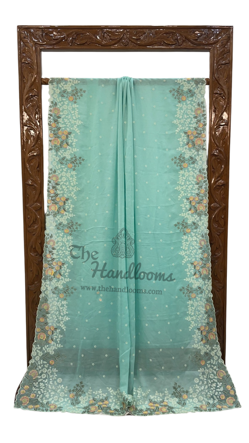 Pure Georgette Chikankari Handloom Banarasi Saree - The Handlooms