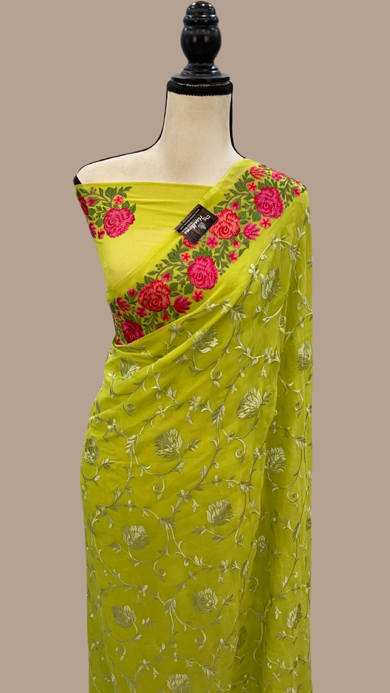 Pure Georgette Chikankari Handloom Banarasi Saree - The Handlooms