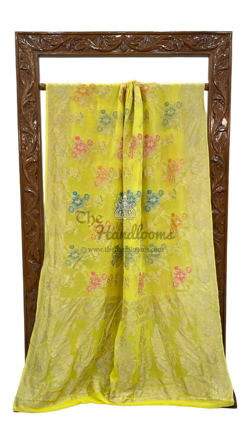 Yellow Khaddi Georgette Handloom Banarasi Saree - All over Jaal Work With Meenakari - The Handlooms