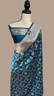 German Blue Pure Katan Silk Banarasi Handloom Saree - All over Jaal work - With Meenakari - The Handlooms