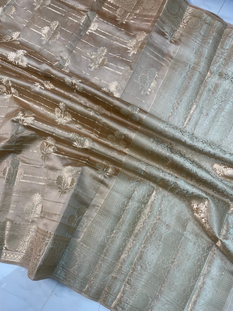 Cream Pure Dupion Silk Banarasi Saree - Gold Zari - The Handlooms