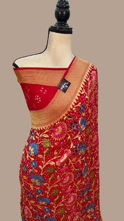 Pure Georgette Banarasi Bandhej Handloom Saree - with meenakari work - The Handlooms