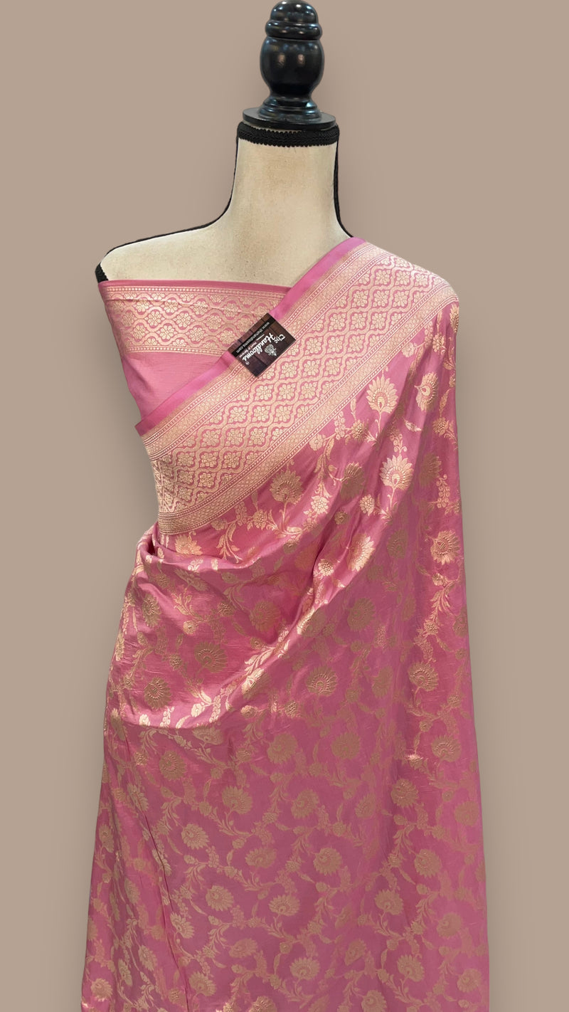 Onion Pink Pure Katan Silk Banarasi Handloom Saree - All over Jaal work - The Handlooms