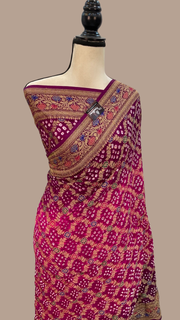 Dupion Silk Bandhej Banarasi Saree - Meenakari - The Handlooms