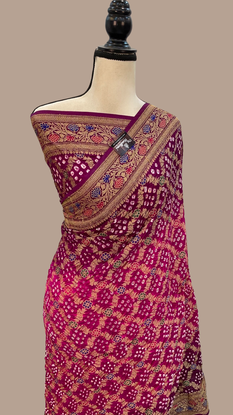 Dupion Silk Bandhej Banarasi Saree - Meenakari - The Handlooms