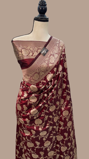 Maroon Pure Katan Silk Banarasi Handloom Saree - All Over Jaal Work - The Handlooms