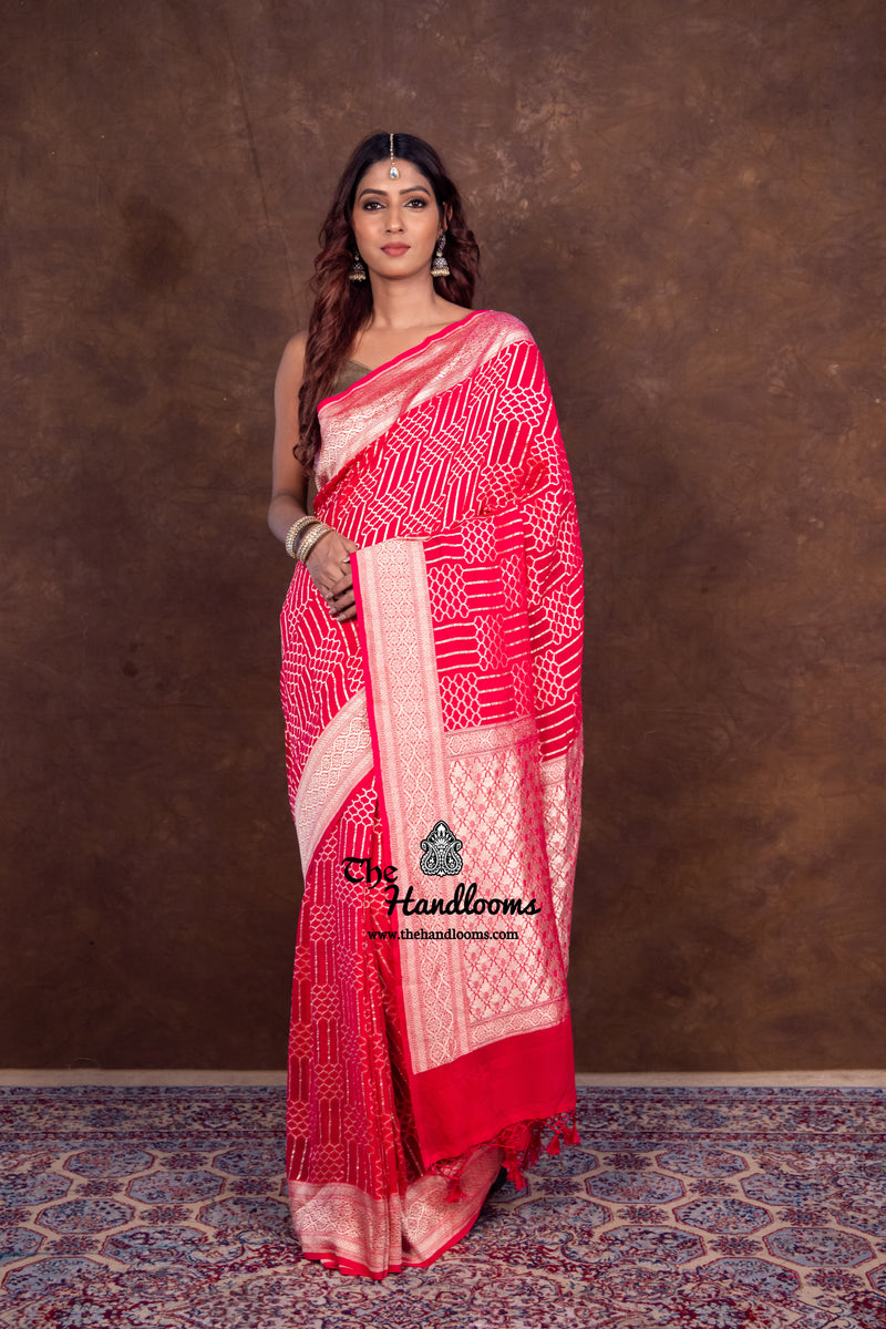 Hot Pink Pure Khaddi Georgette Handloom Banarasi Saree - The Handlooms