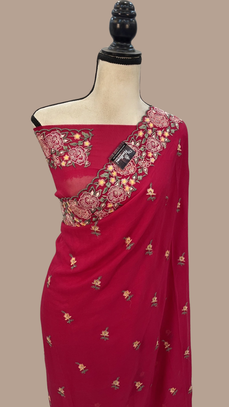 Pure Georgette Chikankari Handloom Banarasi Saree - The Handlooms