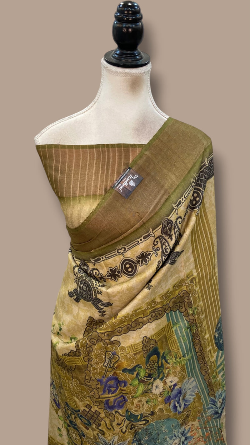 Pure Tussar Silk Handloom Banarasi Saree With Digital Print