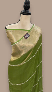Green Pure Kora Tissue Handloom Banarasi Saree - Handwork - The Handlooms