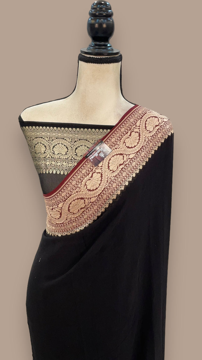 Black Pure Khaddi Georgette Handloom Banarasi Saree - The Handlooms