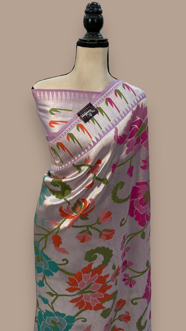 Grey - Brocade Handloom Pure Silk Banarasi Stole with Tassels 14