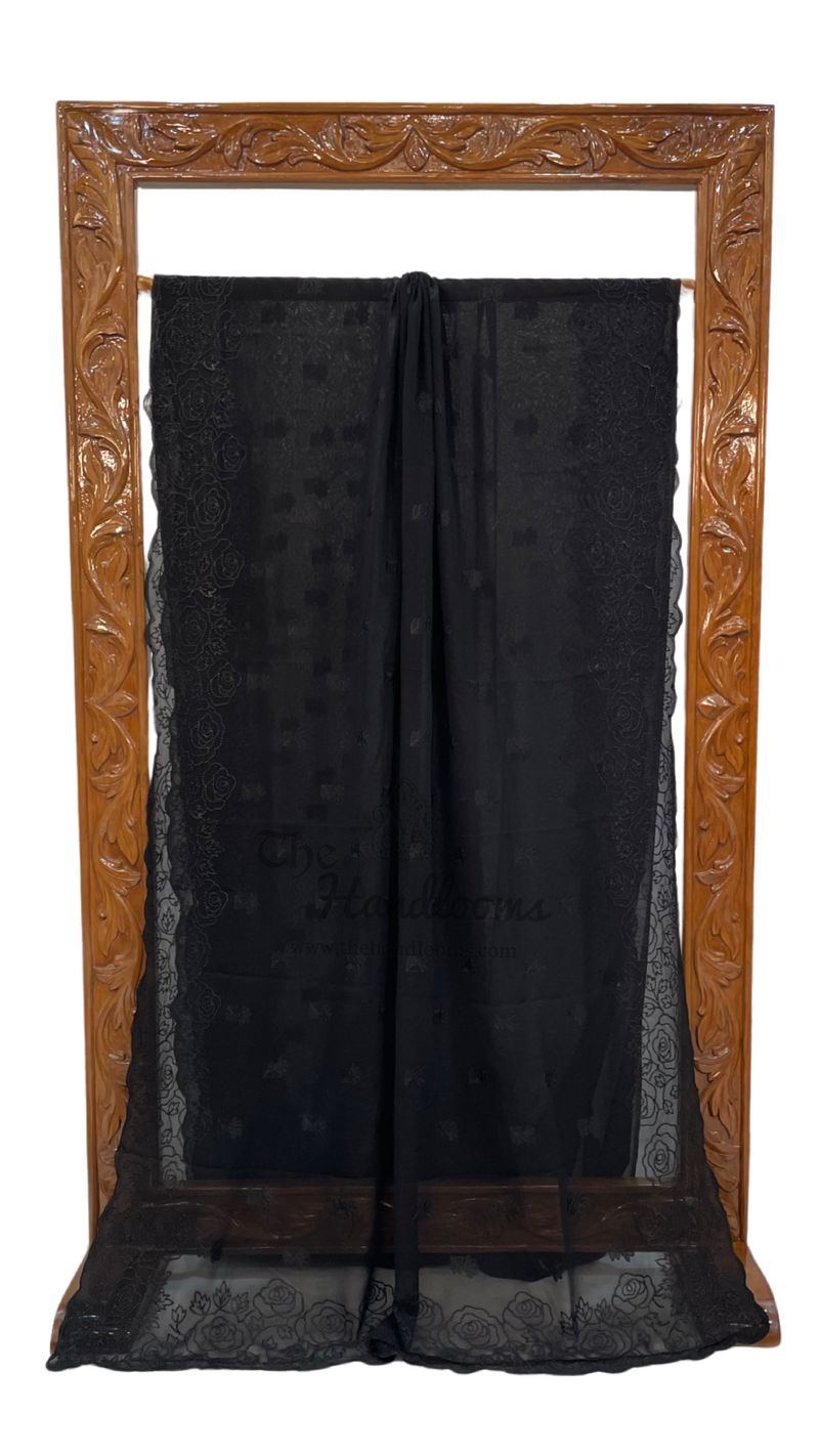 Pure Georgette Chikankari Handloom Banarasi Saree - The Handlooms