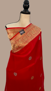 Red Pure Kora Handloom Banarasi Saree - Sona Roopa Alfi Kadua Boota - The Handlooms
