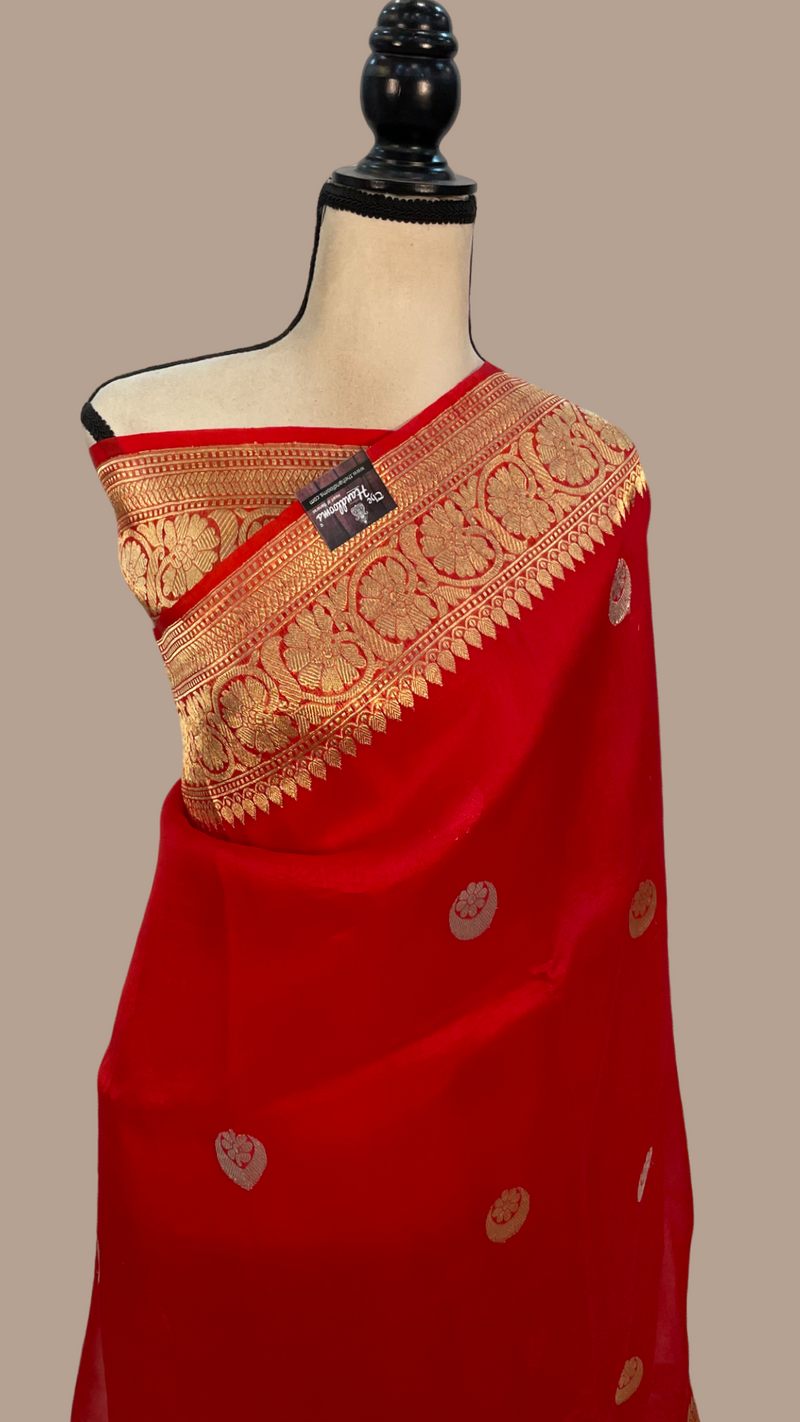 Red Pure Kora Handloom Banarasi Saree - Sona Roopa Alfi Kadua Boota - The Handlooms