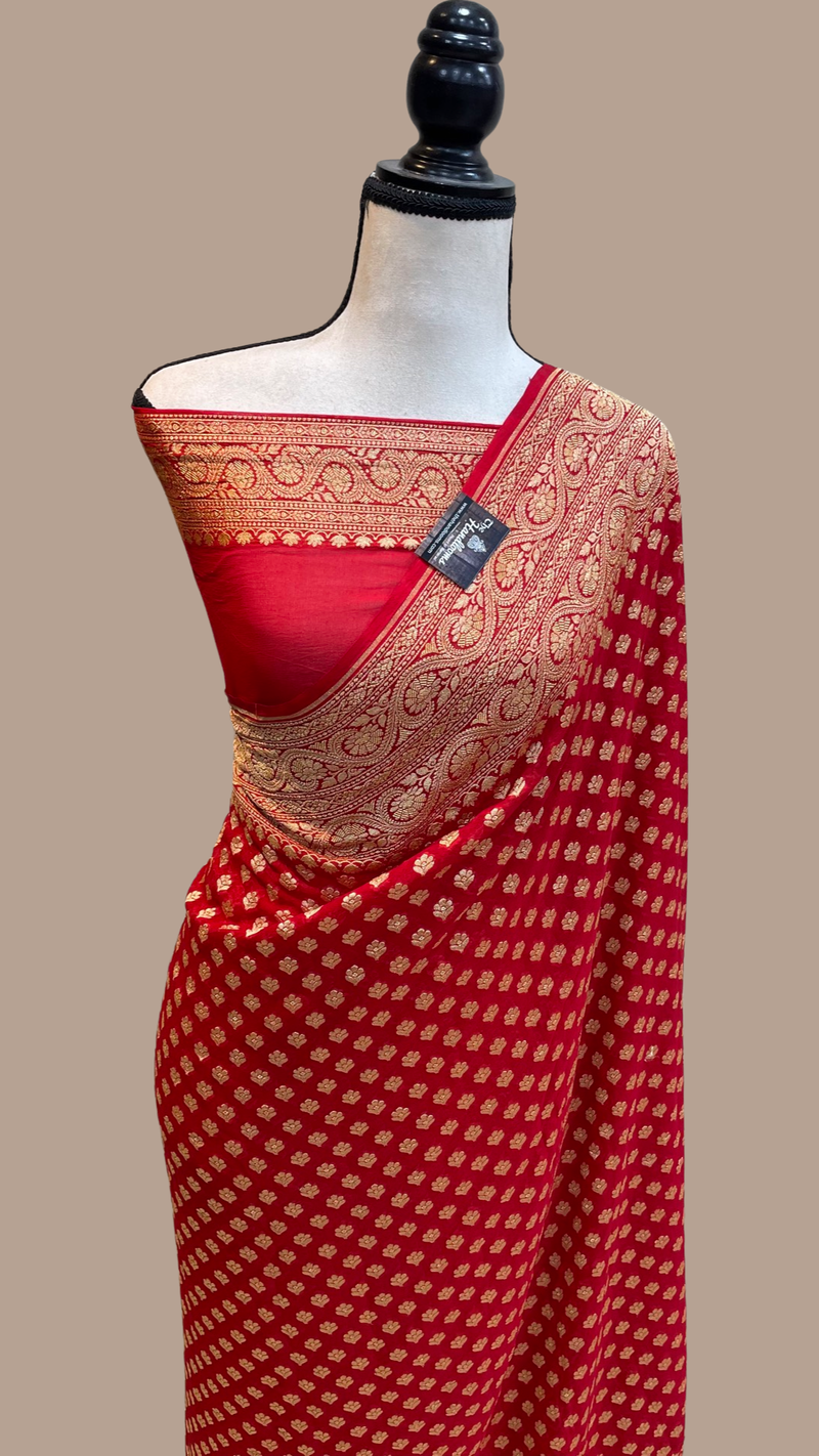 Red Khaddi Georgette Banarasi Saree -  Gold zari - The Handlooms