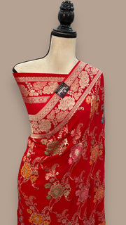 Red Pure Khaddi Georgette Handloom Banarasi Saree - All over Jaal Work With Meenakari - The Handlooms
