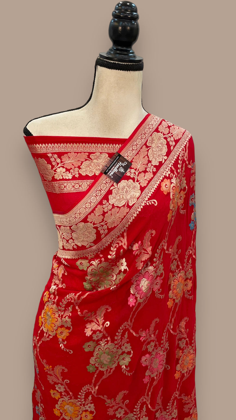 Red Pure Khaddi Georgette Handloom Banarasi Saree - All over Jaal Work With Meenakari - The Handlooms