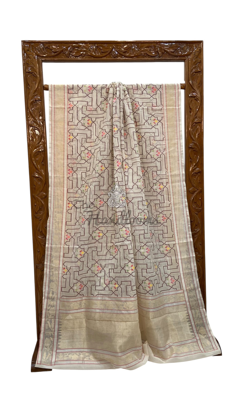 Real Zari Pure Cotton Jamdani Silk Banarasi Handloom Saree - All Over Kadiyal Jaal Work