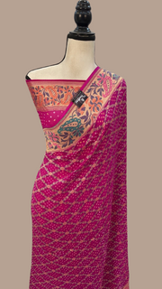 Pure Georgette Banarasi Bandhej Handloom Saree - with meenakari work - The Handlooms