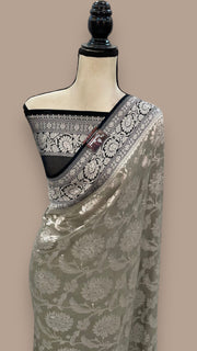 Grey Pure Khaddi Georgette Handloom Banarasi Saree - The Handlooms